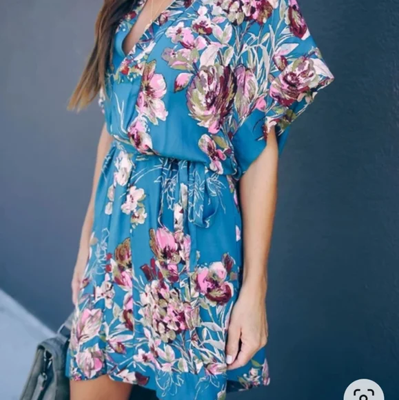 Floral Blue Women's Dress - Picture 3 of 4